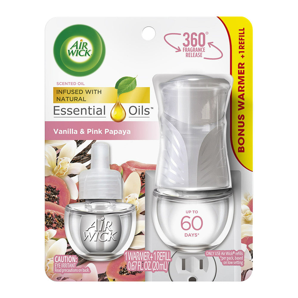 Air Wick Plug In Scented Oil Starter Air Freshener Kit Warmer And Refill, Vanilla and Pink Papaya, 1 Ea